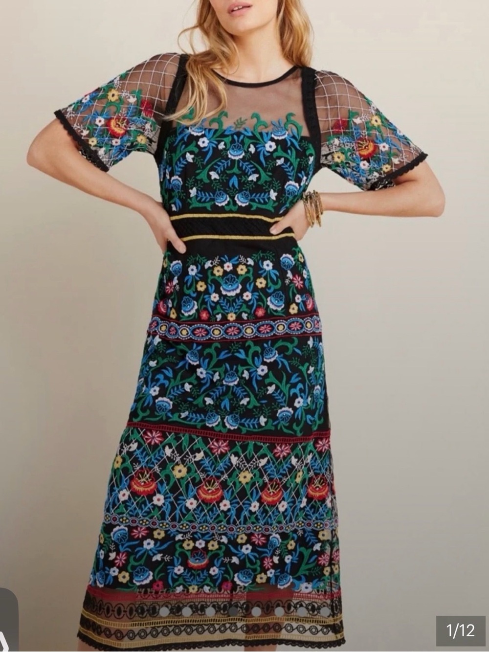 Embroidered Floral Dress- Black with Multicolor Floral Embroidery